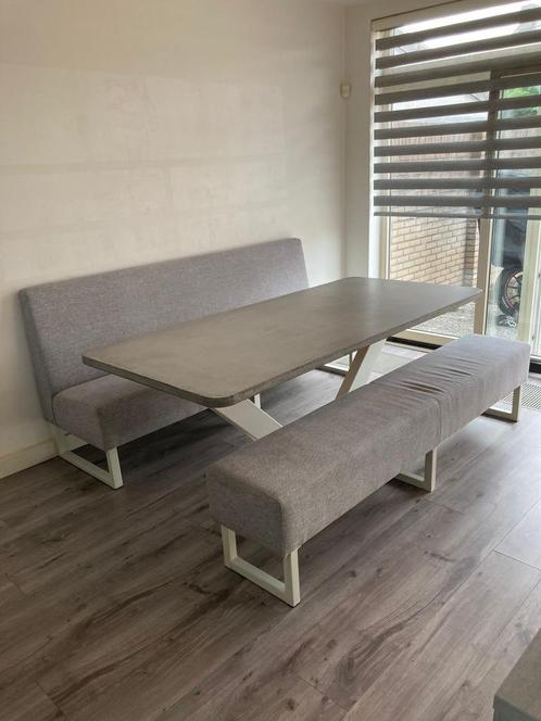 Eetbank incl. betonblad (V-poot), Sofa en Hocker COMPLEET!, Huis en Inrichting, Banken | Complete zithoeken, Gebruikt, Hout, Metaal