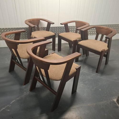 vintage set van 5 houten stoelen eetkamerstoelen, Huis en Inrichting, Stoelen, Vijf, Zes of meer stoelen, Hout, Stof, Overige kleuren