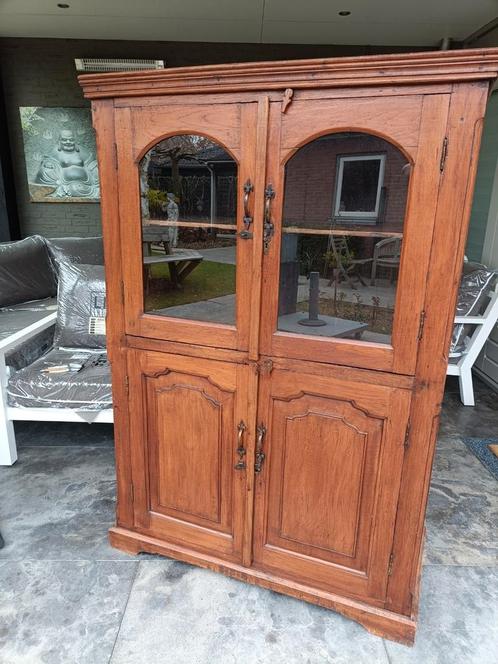 Oude Eiken Vitrinekast met Glazen Deuren, Huis en Inrichting, Kasten | Vitrinekasten, Gebruikt, 150 tot 200 cm, 100 tot 150 cm