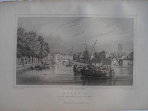039 / Utrecht de Weerdpoort en Oude Rijn Staalgravure 1860, Antiek en Kunst, Kunst | Etsen en Gravures, Ophalen of Verzenden