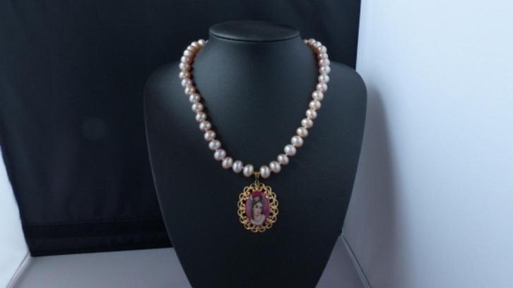 Zoetwaterparel ketting/oorhanger-set, Sieraden, Tassen en Uiterlijk, Antieke sieraden, Met edelsteen, Verguld, Verzenden