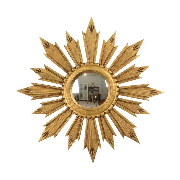 Vintage Houten Sunburst Zonnespiegel Convex Frankrijk 51cm, Huis en Inrichting, Woonaccessoires | Spiegels, Gebruikt, 50 tot 75 cm