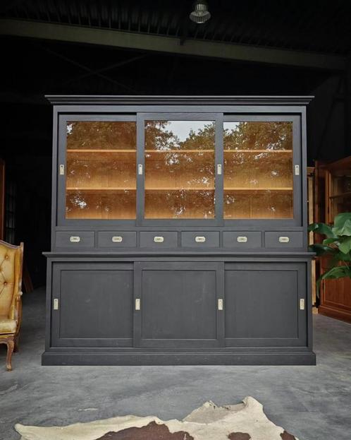 Zwarte winkelkast | Grote Buffetkast | Teakhout  #301, Huis en Inrichting, Kasten | Buffetkasten, 200 cm of meer, 200 cm of meer