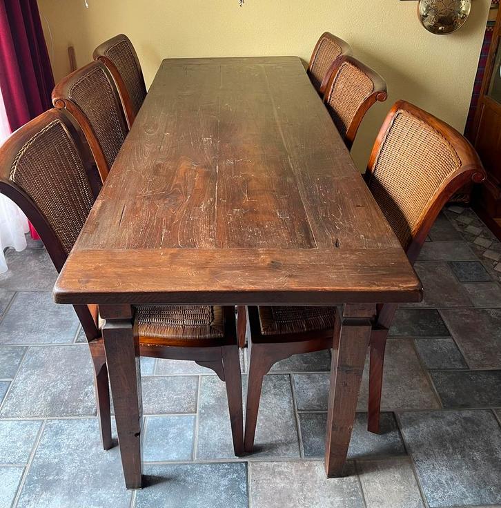 Eettafel teak 200 x 75 x 80 met of zonder 6 stoelen, Huis en Inrichting, Complete eetkamers, Gebruikt, 4 tot 6 stoelen, Ophalen