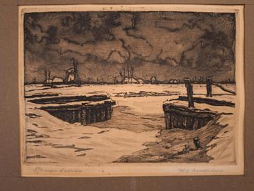 Ets - winter Landschap met reflectie door roodenburg beschikbaar voor biedingen