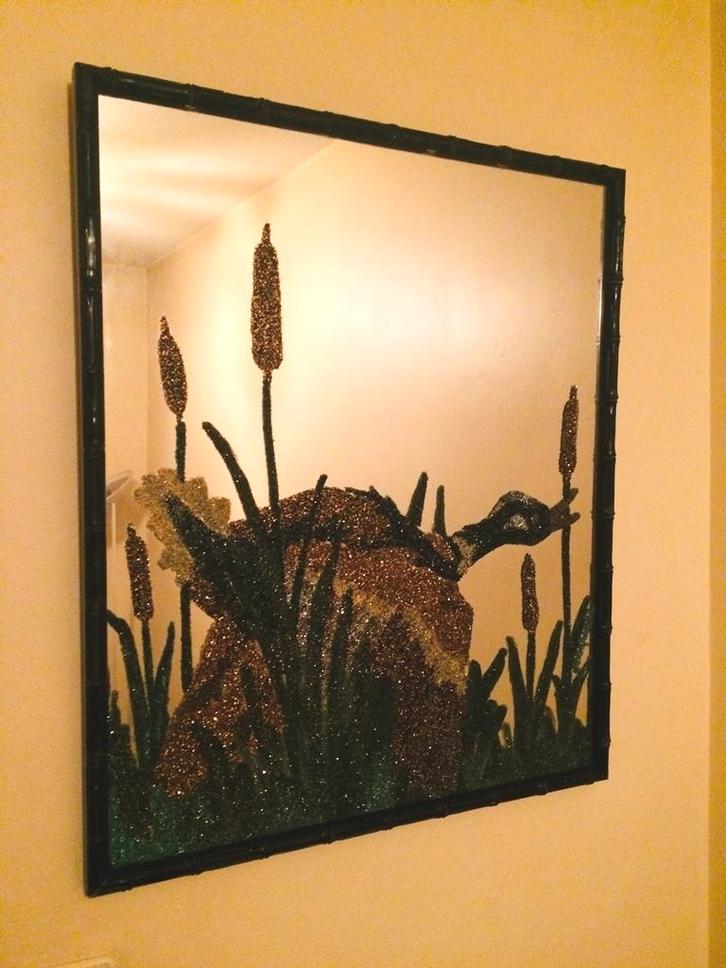 80s Vintage ' Eend ' bamboe spiegel, Huis en Inrichting, Woonaccessoires | Spiegels, Zo goed als nieuw, Minder dan 50 cm, Minder dan 100 cm