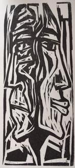 Max Kaus (1891-1977) Houtsnede 'Twee gezichten' 1962. Afmeti, Ophalen of Verzenden