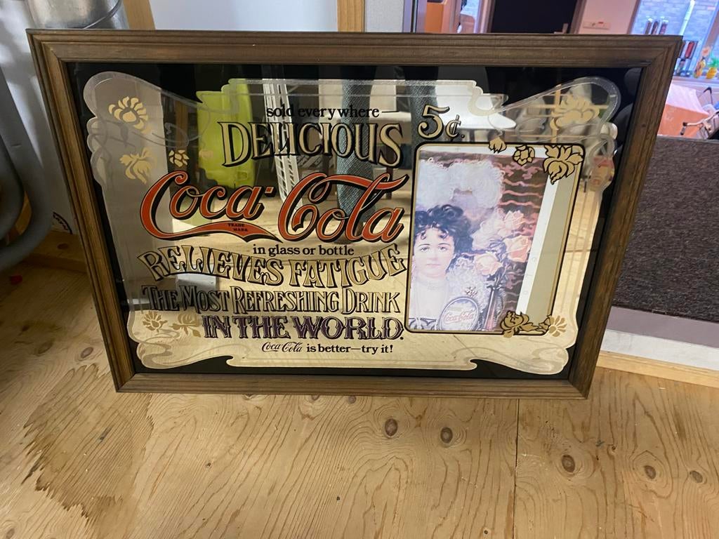 Grote Coca-Cola Spiegel Reclamebord, Antiek en Kunst, Antiek | Spiegels, Ophalen, Rechthoekig, 50 tot 100 cm