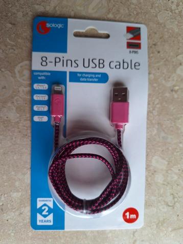 8 pins usb cable, blauwe, zilver, roze en groen 