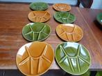 8 vintage keramiek fondueborden, groen en oker, Ophalen of Verzenden