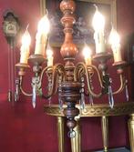 Antieke kroonluchter kristal / hanglamp hout, 6 kandelaars, Ophalen of Verzenden, Gebruikt, Overige materialen, Antiek / klassiek