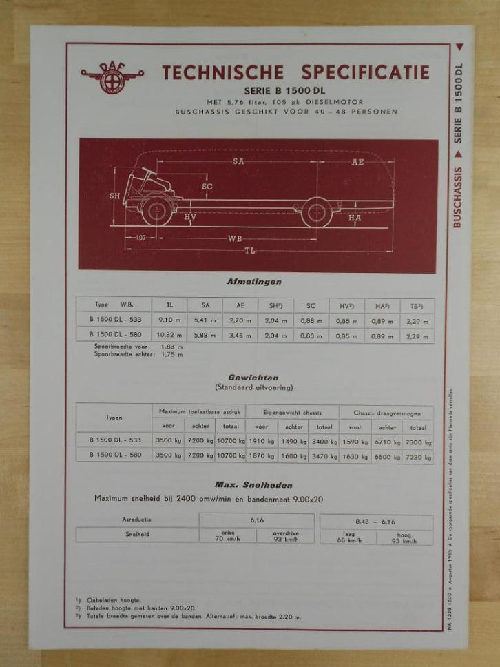 DAF B 1500 DL Technische Specificatie folder 1955 B1500 Bus, Boeken, Auto's | Folders en Tijdschriften, Zo goed als nieuw, Overige merken