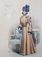 Mooie grote antieke ingelijste mode gravure uit Frankrijk., Antiek en Kunst, Kunst | Etsen en Gravures, Ophalen of Verzenden