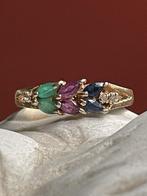 10 karaat gouden ring met robijn saffier smaragd diamantjes, Ophalen of Verzenden
