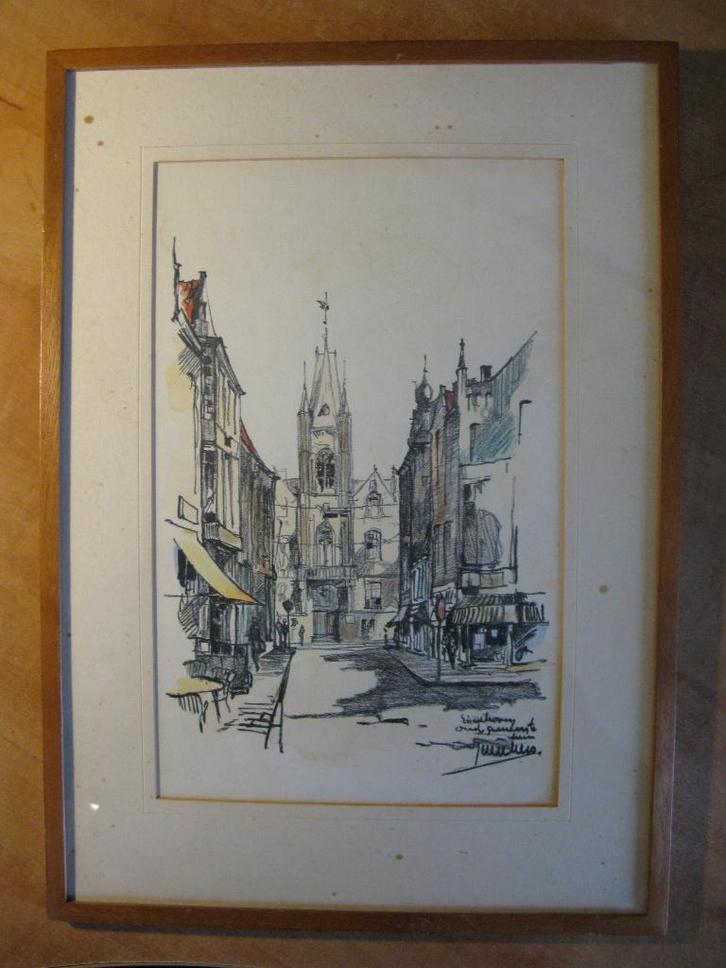 gekleurde prent oude stadhuis Eindhoven door Jan Weekers, Verzamelen, Foto's en Prenten, Gebruikt, Prent, Gebouw, 1940 tot 1960