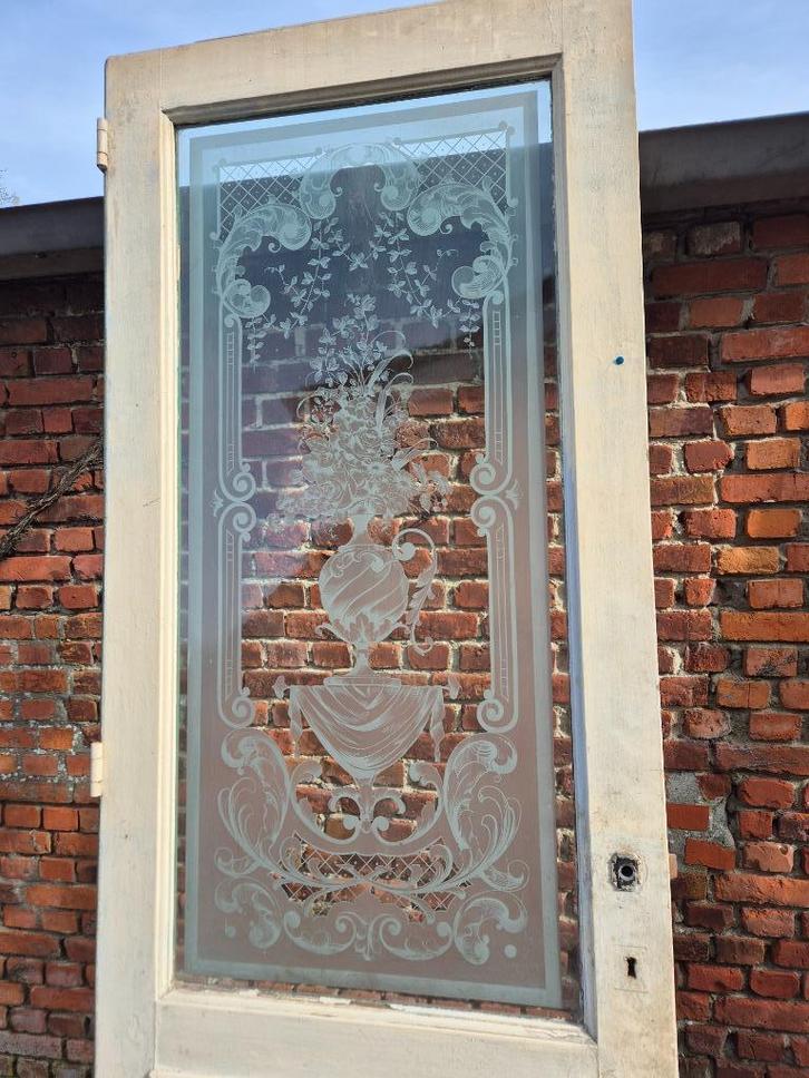 229,5x79,5 Deur prachtig ge-etst glas (glasmaat 128,5x57), Antiek en Kunst, Antiek | Overige Antiek, Ophalen