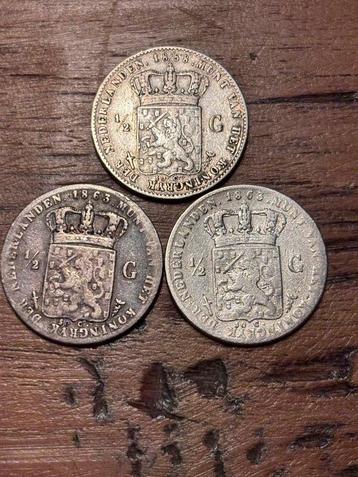 3 Halve Guldens Willem III (1858 & 1863) beschikbaar voor biedingen