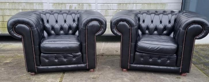 2 robuuste Chesterfield club fauteuils Springvale + BEZORGD, Huis en Inrichting, Fauteuils, Gebruikt, Leer, 75 tot 100 cm, Ophalen of Verzenden