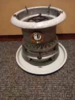 Grijsgewolkt emaille 1pits petroleumstel met onderbord, Ophalen of Verzenden