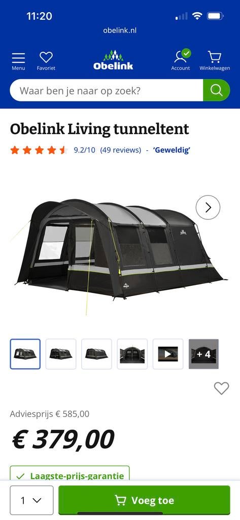 Obelink Living tunneltent - Zo goed als nieuw!, Caravans en Kamperen, Tenten, Ophalen, Zo goed als nieuw, Tot en met 6