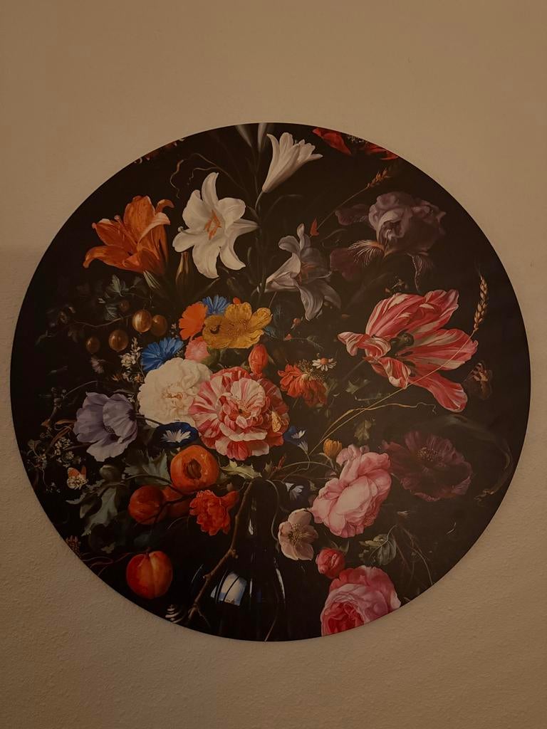 Rond schilderij met bloemenstilleven, Huis en Inrichting, Woonaccessoires | Schilderijen, Tekeningen en Foto's, Ophalen of Verzenden