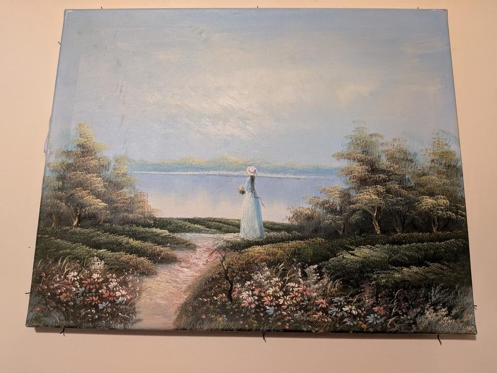 Schilderij met dame aan het water, gesigneerd Daniel, Ophalen of Verzenden