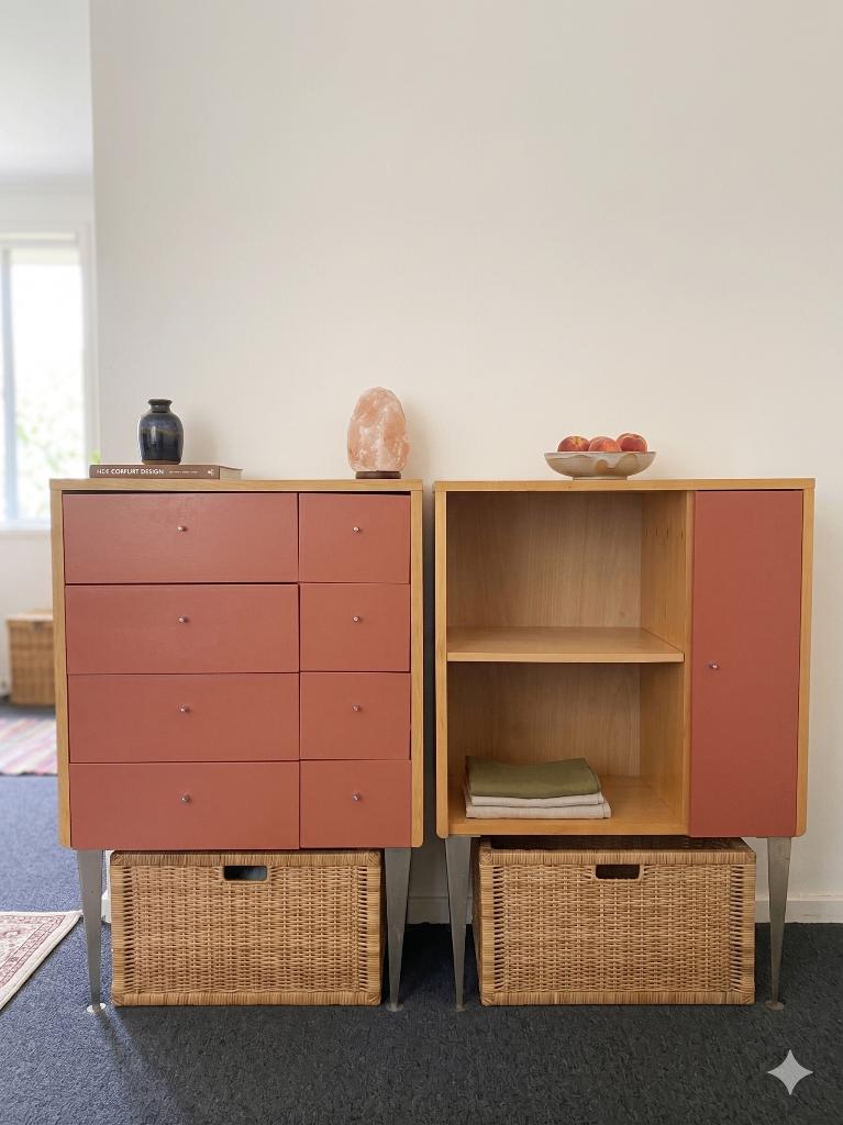 Twee vintage houten kastjes met lades, Ophalen, Gebruikt, 50 tot 100 cm, 25 tot 50 cm