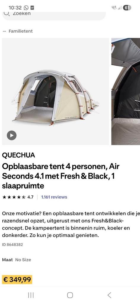 Campingtent incl. pomp 4pers 2x gebruikt, Caravans en Kamperen, Ophalen, Zo goed als nieuw, Tot en met 4