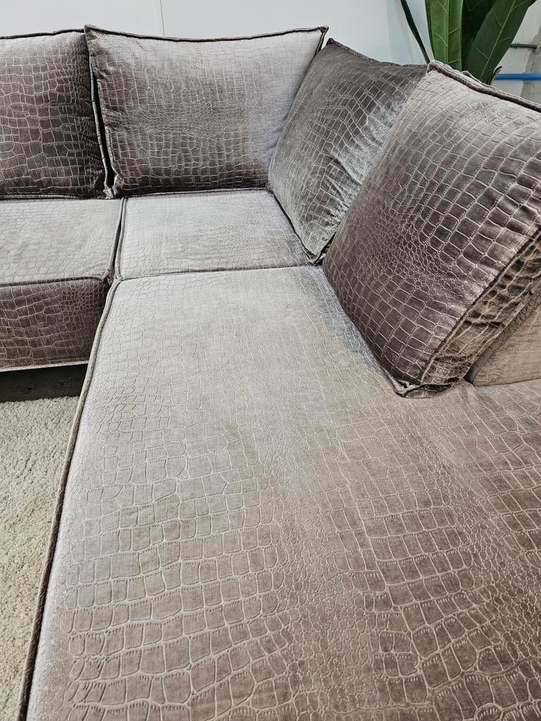 Croco Velvet Hoekbank - Erik Kuster Style Taupe/Zilver, Erik Kuster, ., Ophalen of Verzenden, Zo goed als nieuw