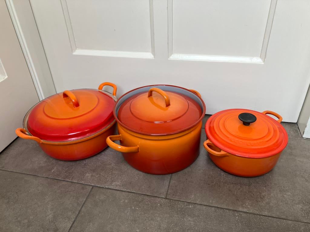 3 emaille oranje pannen met deksel o.a Le Creuset, Ophalen of Verzenden