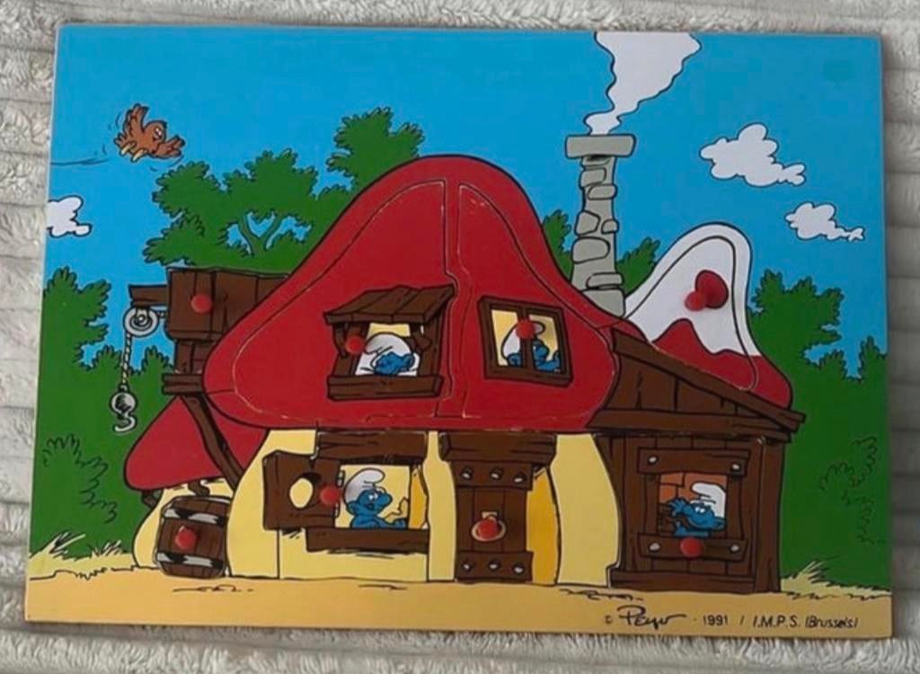 Vintage Houten Smurfen Puzzel - Smurfenhuis (1991), Ophalen of Verzenden, Gebruikt, Verschillende Smurfen, Overige typen