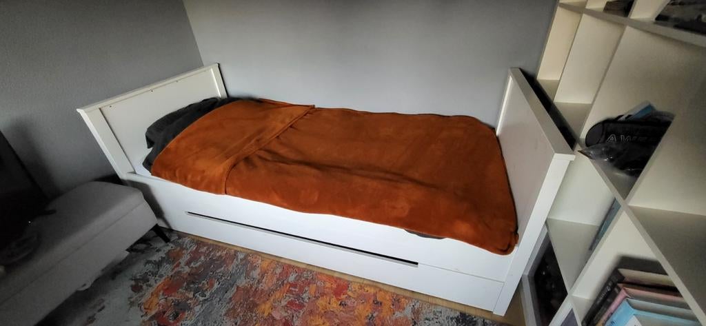 Wit grenen eenpersoonsbed 90x200 met lade Woood, Huis en Inrichting, Slaapkamer | Bedden, Ophalen, Landelijk Modern, Gebruikt