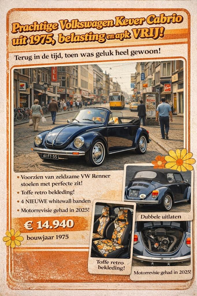 Volkswagen Kever Cabriolet 1303 LS BELASTINGVRIJ EN APK VRIJ, 54 pk, Cabriolet, Origineel Nederlands, Bedrijf