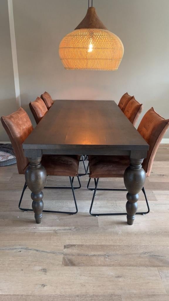 Design Eettafel met 6 hele mooie stoelen zgan., 200 cm of meer, Zo goed als nieuw, Rechthoekig, 50 tot 100 cm