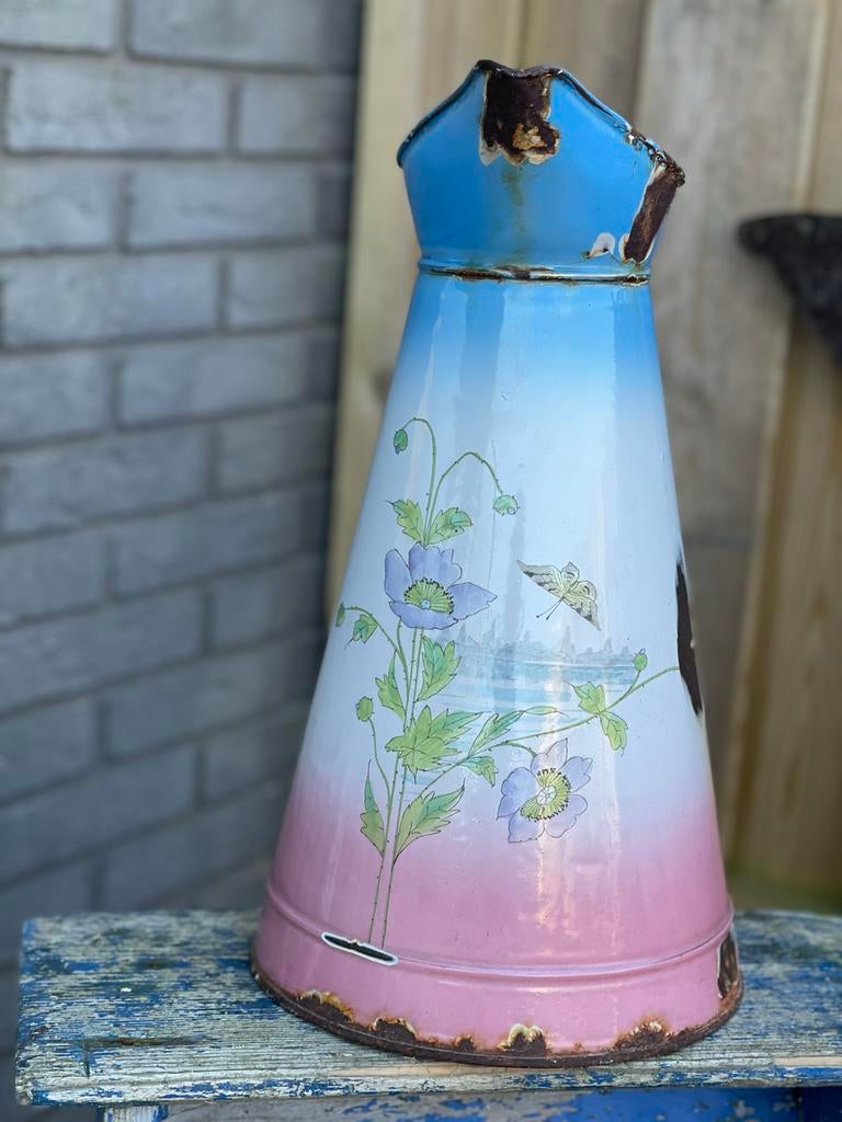 Antieke emaille roze  lampetkan met bloemmotief, Ophalen of Verzenden