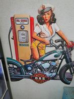 Metalen wandbord pin-up motor en benzinepomp, Antiek en Kunst, Ophalen of Verzenden