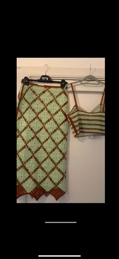 Gehaakte rok en top set, groen en bruin, maat M/L, Kleding | Dames, Rokken, Ophalen of Verzenden, Gedragen, Maat 38/40 (M), Groen