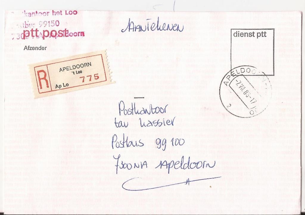 APELDOORN t LOO 1985 aangetekend afz. Postkantoor t LOO, Ophalen of Verzenden, 1980 tot heden, Gelopen, Gelderland