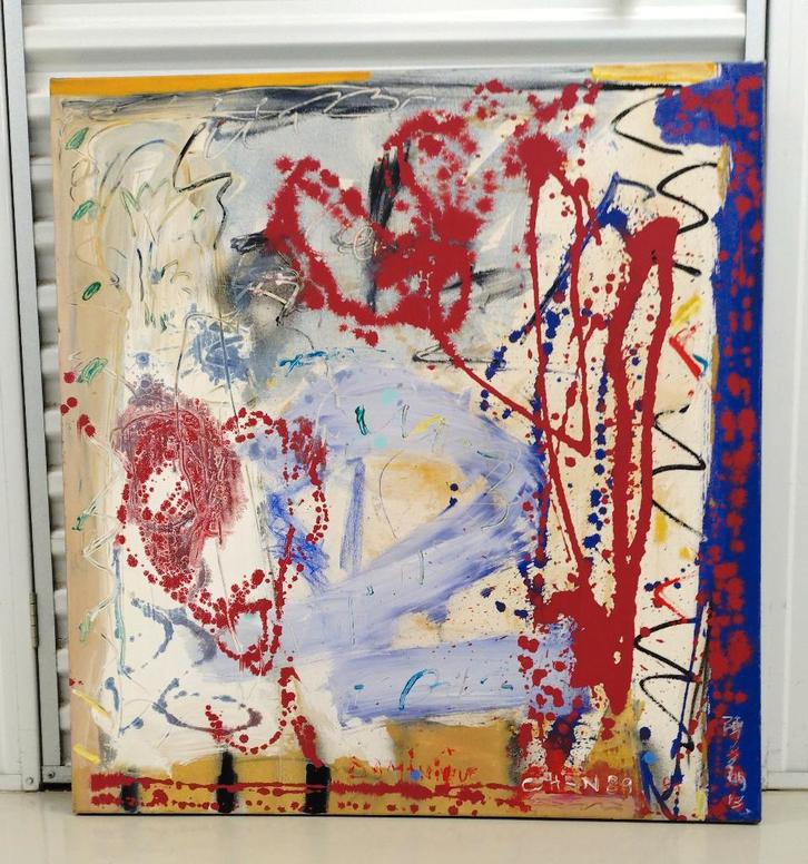 abstract === Dominique Chan (geb 1950) === doek 95 x 90 cm, Antiek en Kunst, Kunst | Schilderijen | Abstract, Ophalen