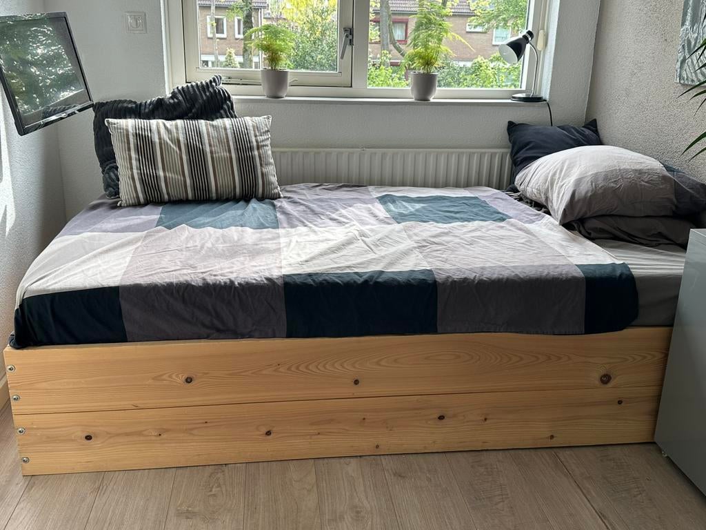 Bed 120x200 (twijfelaar) steigerhout,  inclusief lattenbodem, Gebruikt, Ophalen of Verzenden, Twijfelaar, 120 cm