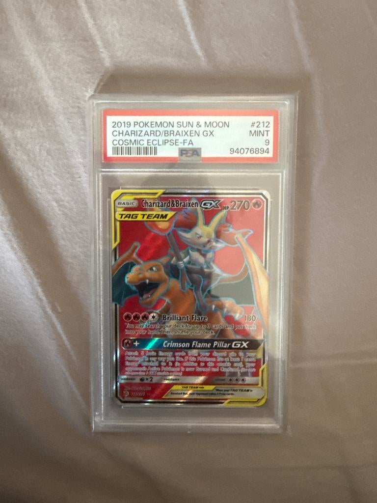 Charizard & Braixen GX PSA 9 Mint Cosmic Eclipse Pokémon, Ophalen of Verzenden, Zo goed als nieuw, Losse kaart, Foil