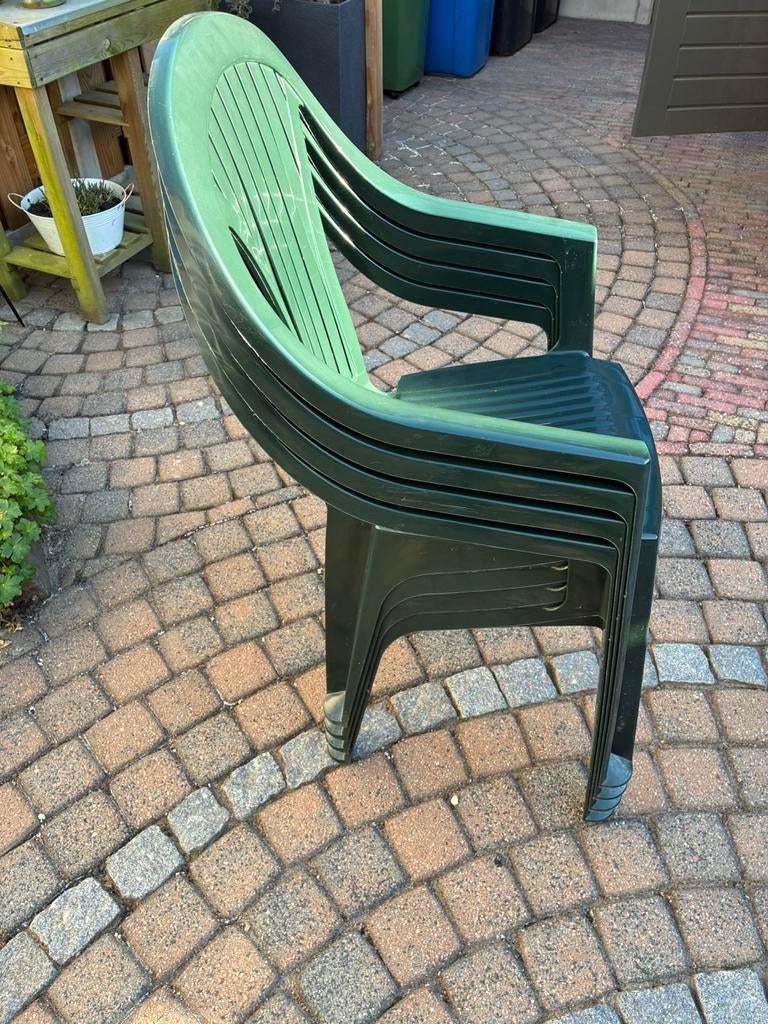 4 stapelbare tuinstoelen groen, Ophalen, Gebruikt, Kunststof, Stapelbaar
