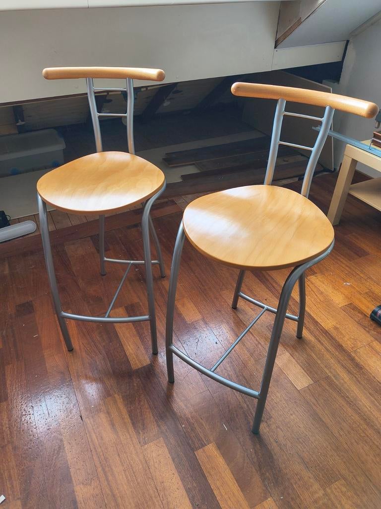 Set van 2 lage barkrukken met rugleuning - Hout en metaal, Ophalen, Gebruikt, 60 tot 90 cm, Hout