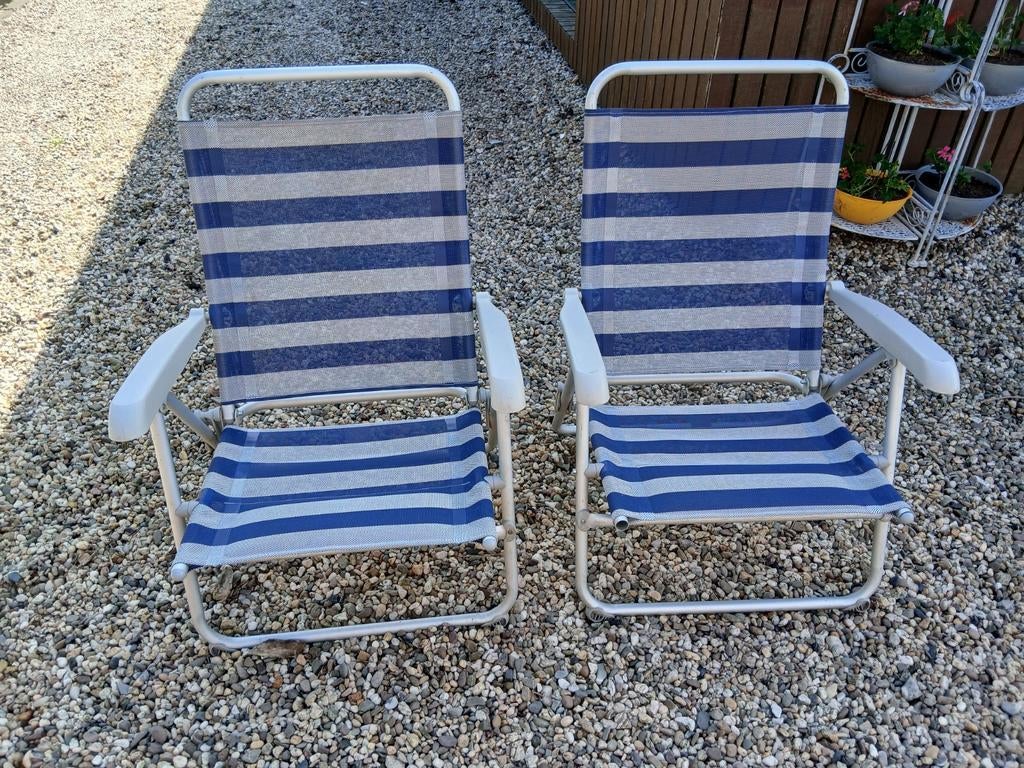 2x Inklapbare strandstoelen - Blauw/Grijs gestreept, Ophalen of Verzenden, Gebruikt, Aluminium, Inklapbaar