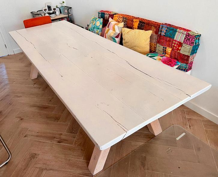 Massief eiken houten tafel - whitewash finish - 280x100cm, Huis en Inrichting, Tafels | Eettafels, Zo goed als nieuw, 50 tot 100 cm