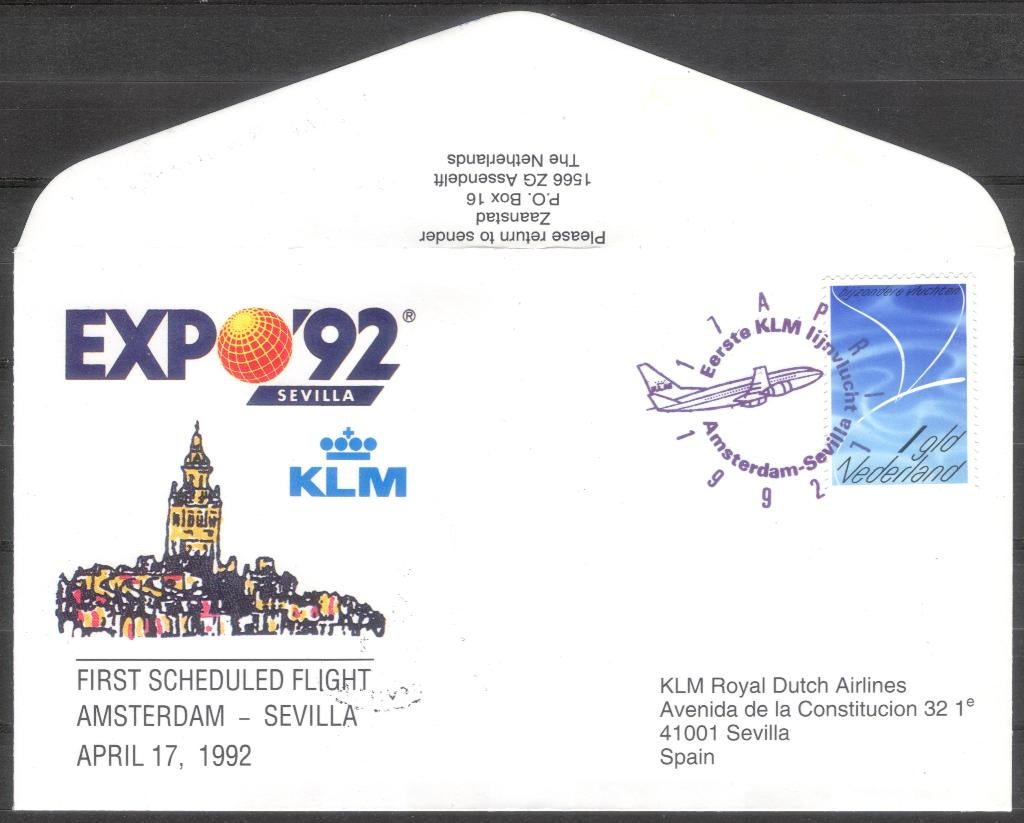 1e KLM vlucht Expo 92 Sevilla Spanje 1992, Postzegels en Munten, Brieven en Enveloppen | Nederland, Verzenden, Envelop