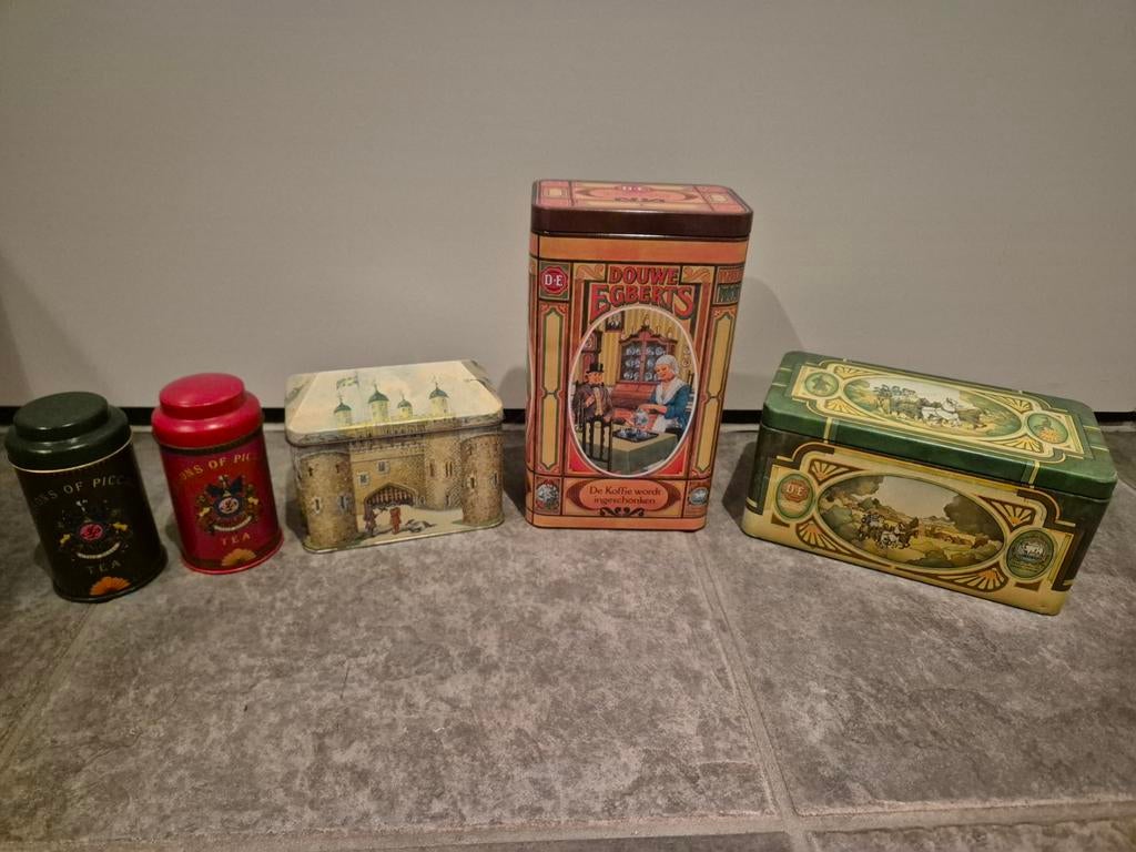 Voorraadblikken: Douwe Egberts, thee en meer, Verzamelen, Blikken, Ophalen of Verzenden, Gebruikt