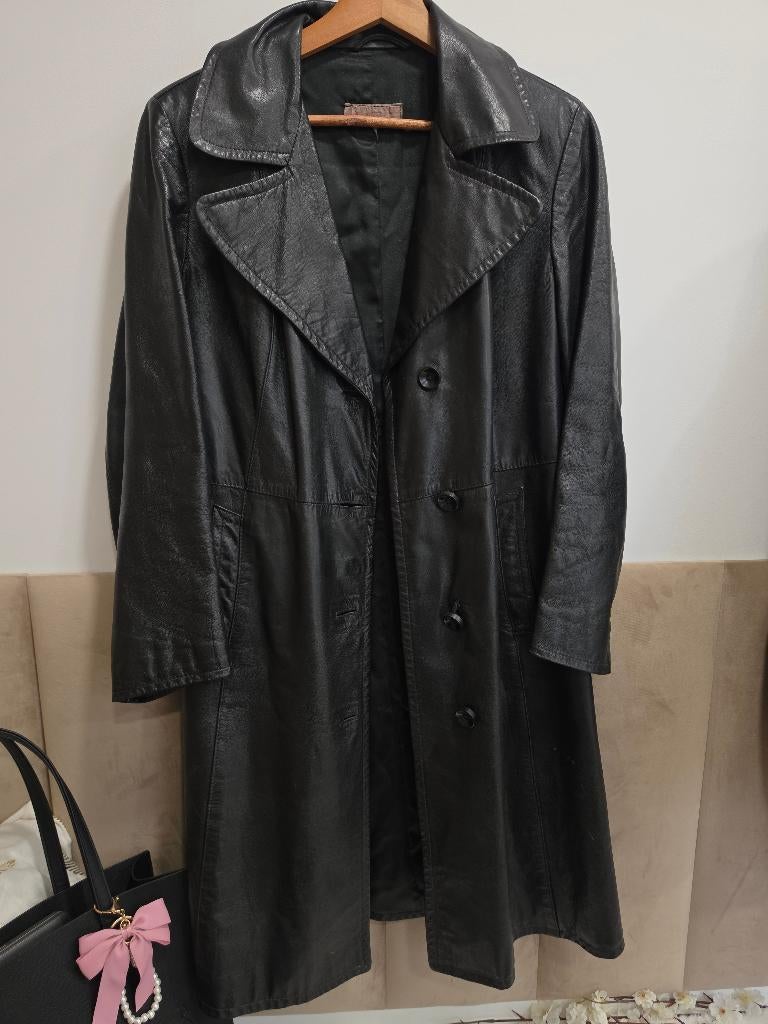 Leather coat leer black trench, Ophalen, Zo goed als nieuw, Maat 36 (S), Zwart