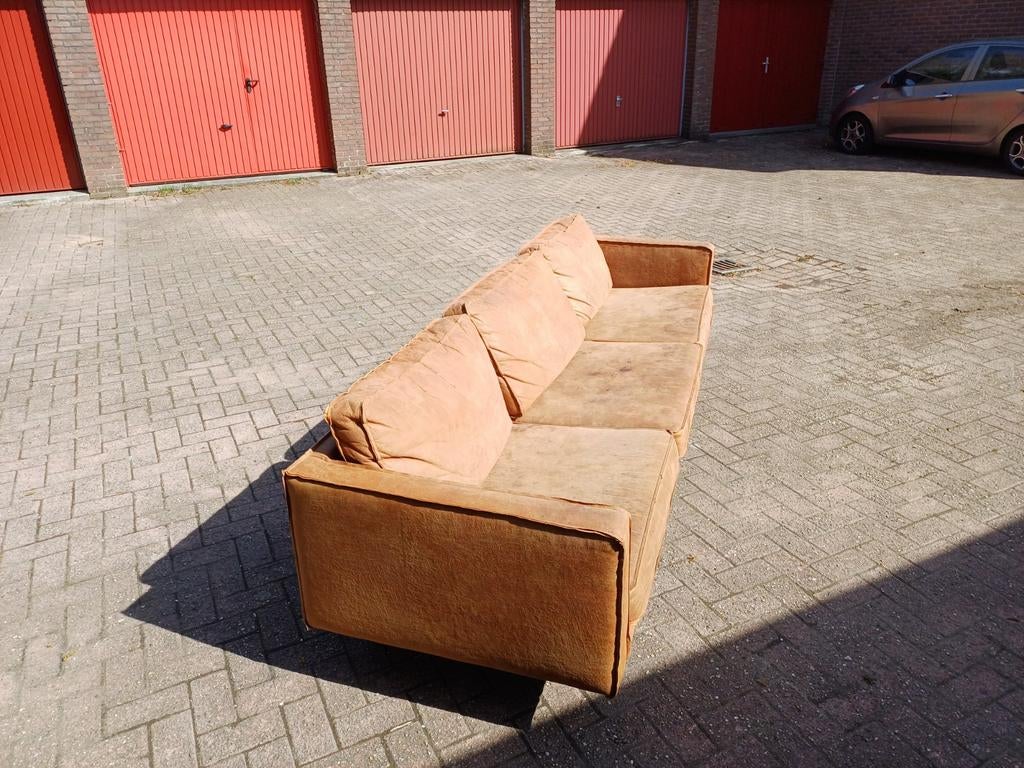 Comfortabele 3-zitsbank in bruin/beige stof, Modern, Comfortabel, Gebruikt, Driepersoons, 75 tot 100 cm