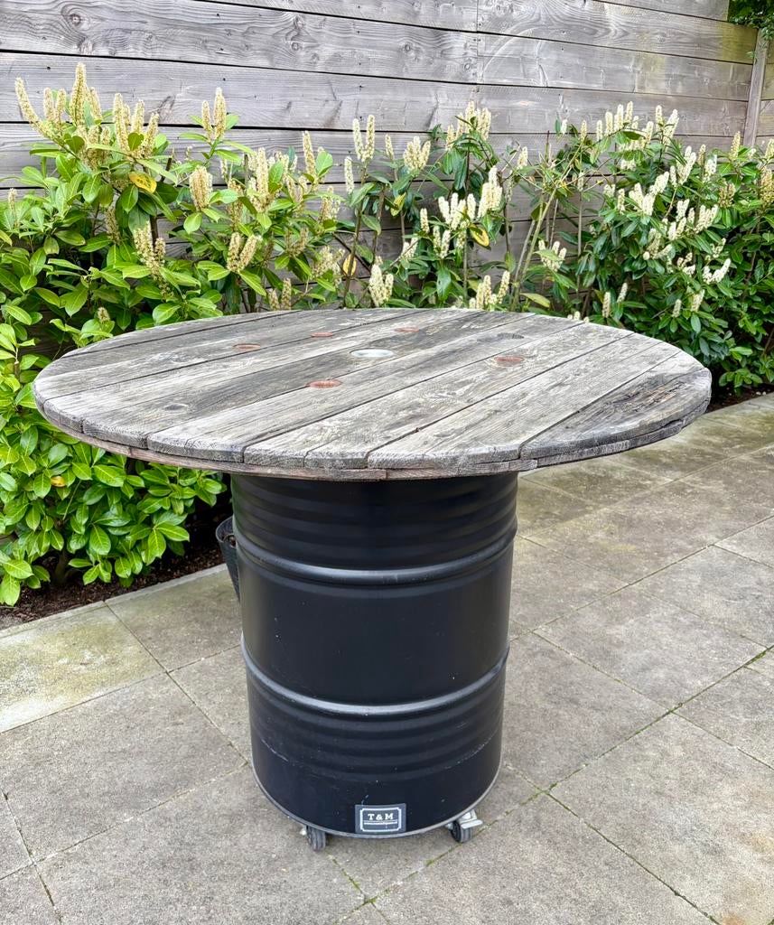 Tuintafel / statafel olievat met houten blad (demonteerbaar), Ophalen, Zo goed als nieuw